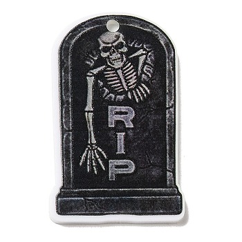 Halloween Themed Opaque Acrylic Pendants, Tombstone with Skeleton Charms, Black, 37.5~38x23.5~25.5x2~5mm, Hole: 2mm