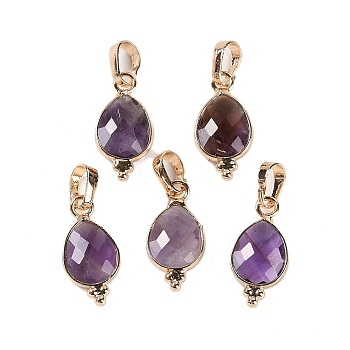 Natural Amethyst Faceted Pendans, Golden Plated Brass Teardrop Charms, 17.5x9x3.5mm, Hole: 6x3.5mm