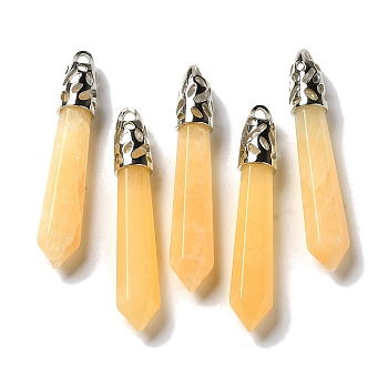 Natural Yellow Jade Pointed Big Pendants, Faceted Bullet Charms with Rack Plating Platinum Plated Brass Findings, 56~65x11~11.5x10~10.5mm, Hole: 4X3mm