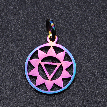 Chakra Theme Ion Plating(IP) 201 Stainless Steel Charms, Laser Cut Pendants, with Jump Rings, Flat Round, Rainbow Color, Manipura, 13.5x11.5x1mm, Hole: 3mm