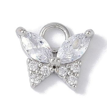 Rack Plating Brass Micro Pave CLear Cubic Zirconia Charms, Cadmium Free & Lead Free, Long-Lasting Plated, Butterfly, Platinum, 12.5x14x4mm, Hole: 3.5mm
