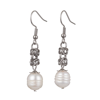 Oval Natural Pearl Dangle Earrings, Stainless Steel Color, 46x9mm