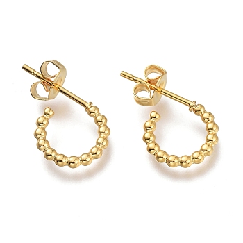 304 Stainless Steel Half Hoop Earrings, Stud Earrings, with Ear Nuts, Ring, Real 18k Gold Plated, 10x9.7x1.4mm, Pin: 0.8mm