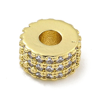 Rack Plating Brass with Cubic Zirconia Beads, Long-Lasting Plated, Lead Free & Cadmium Free, Flat Round, Real 18K Gold Plated, Clear, 8x4.5mm, Hole: 2.5mm