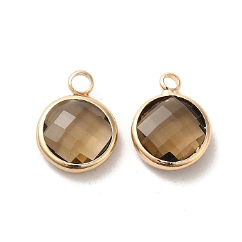 Golden Tone Brass Glass Flat Round Charms, Faceted, Tan, 14x10.5x5mm, Hole: 1.5mm
