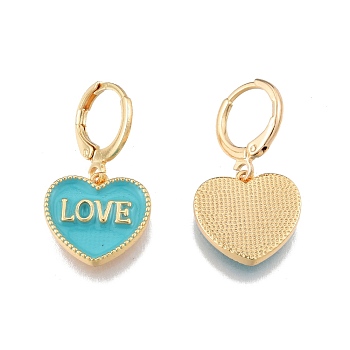 Heart with Word Love Enamel Dangle Leverback Earrings, Real 18K Gold Plated Brass Jewelry for Women, Cadmium Free & Nickel Free & Lead Free, Medium Turquoise, 28mm, Pin: 1mm