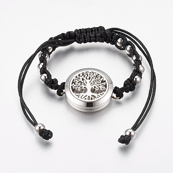 304 Stainless Steel Essential Oil Braided Bead Bracelets, with Waxed Cords, Tree of Life, Stainless Steel Color, 1-7/8 inch(4.7cm)~2-1/2 inch(6.3cm)