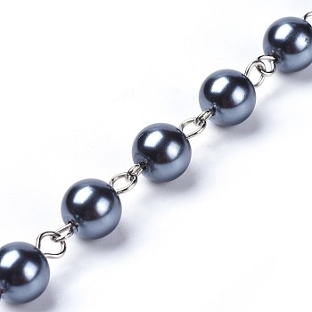 Handmade Dyed Glass Pearl Beaded Chains, Unwelded, with Iron Eye Pin, Platinum, Prussian Blue, 39.37 inch, 1m/strand