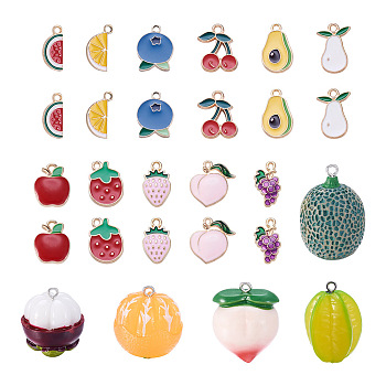 32Pcs 16 Style Alloy Enamel & Resin Pendants and Charms, Fruit, Mixed Color, 15~32x10~22X1~20.5mm, Hole: 0.9~2mm, 2pcs/style