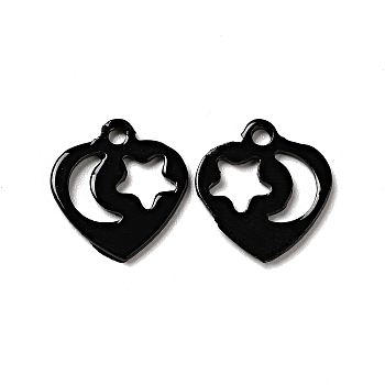 Spray Painted 201 Stainless Steel Charms, Heart with Star & Moon Pattern, Black, 12x11.5x1mm, Hole: 1.4mm