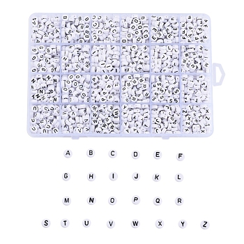 Opaque Acrylic Beads, Horizontal Hole, Flat Round, Alphabet Style, White, Letter A~Z, 7x4mm, Hole: 1mm, about 1488pcs/box