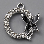 Alloy Enamel Pendants, with Rhinestone, Flat Round with Butterfly Charm, Platinum, Black, 22x20x3mm, Hole: 2mm(PALLOY-WH0112-03P-01)