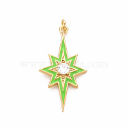 Brass Micro Pave Clear Cubic Zirconia Pendants, with Enamel and Jump Ring, Cadmium Free & Nickel Free & Lead Free, Star, Real 16K Gold Plated, Lawn Green, 34.5x18x4mm, Jump Ring: 4.5x0.8mm, 2.9mm inner diameter(ZIRC-S067-071E-NR)