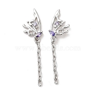 Purple Cubic Zirconia Butterfly Dangle Stud Earring, Brass Tassel Drop Earrings for Women, Cadmium Free & Nickel Free & Lead Free, Platinum, 42mm, Pin: 0.7mm(EJEW-H092-09P)