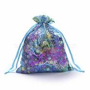Organza Gift Bags, Drawstring Bags, with Colorful Coral Pattern, Rectangle, Dark Turquoise, 12x9cm(OP-Q051-9x12-01)