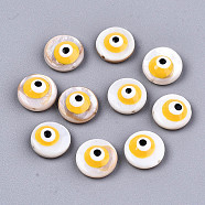 Natural Freshwater Shell Beads, with Enamel, Flat Round with Evil Eye, Gold, 9x4.5mm, Hole: 0.8mm(SHEL-T018-10A)