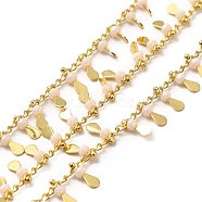 Glass Beaded Teardrop Charm Chains, with Real 18K Gold Plated Brass Curb Chains, Soldered, with Spool, Pink, 1.5mm(CHC-A006-13G-02)