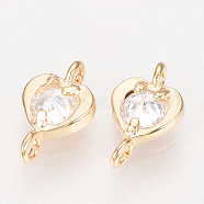 Brass Cubic Zirconia Links, Heart, Clear, Nickel Free, Real 18K Gold Plated, 9x5x2mm, Hole: 1mm(ZIRC-Q002-155G)
