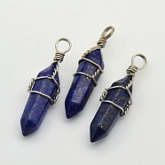 Faceted Bullet Platinum Plated Brass Gemstone Double Terminated Pointed Pendants, Lapis Lazuli, 38~42x8~9mm, Hole: 3~6mm(G-J265-07)