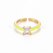 Brass Enamel Cuff Rings, Open Rings, Solitaire Rings, with Clear Cubic Zirconia, Nickel Free, Square, Golden, Yellow, US Size 7(17.3mm)(RJEW-T016-32J-NF)
