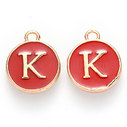 Golden Plated Alloy Enamel Charms, Cadmium Free & Lead Free, Enamelled Sequins, Flat Round with Letter, Red, Letter.K, 14x12x2mm, Hole: 1.5mm(X-ENAM-S118-03K)