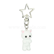 Flocky Resin Cat Pendant Decoration, with Star Alloy Swivel Clasps, White, 72mm(HJEW-JM01210-02)