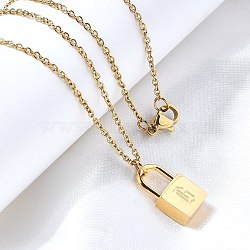 304 Stainless Steel Rolo Chain Pendant Necklaces, Padlock Necklaces for Women Men, Locks with Letter, Letter B, 17.64 inch(44.8cm)(NJEW-S444-01G-02)