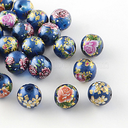 Rose Flower Pattern Printed Round Glass Beads, Imitation Pearl Beads, Mixed Color, 10x9mm, Hole: 1.5mm(GFB-R005-10mm-B)