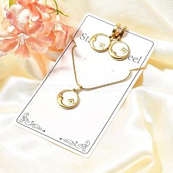 304 Stainless Steel Enamel & Rhinestone Pendant Necklaces & Hoop Earring Set for Women, Flat Round with Sun, Ion Plating(IP), White, 15.75 inch(400mm)(SJEW-C007-02G-02)