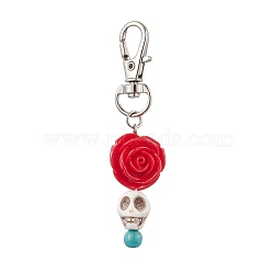 Skull Synthetic Turquoise & Flower Resin Pendant Decoration, with Alloy Swivel Lobster Claw Clasps, Platinum, 72mm, 10pcs/set(KEYC-JKC00824-S)