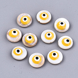 Natural Freshwater Shell Beads, with Enamel, Flat Round with Evil Eye, Gold, 9x4.5mm, Hole: 0.8mm(SHEL-T018-10A)