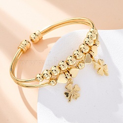 Brass Cuff Charm Bangles, Torque Bangles for Women, Clover, Rack Plating, Cadmium Free & Lead Free, Lasting Plated, Real 18K Gold Plated, Inner Diameter: 2-1/4 inch(5.7cm)(BJEW-U025-05G)