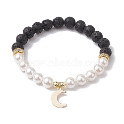 Moon 304 Stainless Steel Charm Bracelets, 8mm Round Natural Lava Rock & Shell Pearl Beaded Stretch Bracelets for Women Men, Inner Diameter: 2-5/8 inch(6.7cm)(BJEW-JB10310-01)