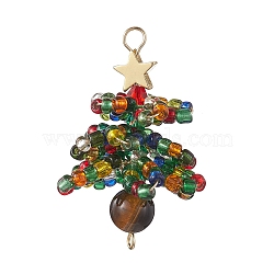 Natural Tiger Eye & Glass Seed Beaded Connector Charms, Christmas Tree Links with Golden Tone Brass Star, Colorful, 41x27x22mm, Hole: 2~3mm(PALLOY-MZ00225)