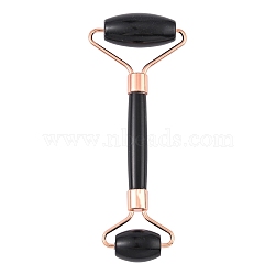 Natural Obsidian Massage Tools, Facial Rollers, with Brass Findings, Rose Gold, 13.5~15.3x4~6x2~2.05cm(G-S336-49C)