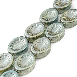 Electroplate Glass Beads Strands, Full Plated, Oval with Flower, Dark Sea Green, 14x10.4x4.8mm, Hole: 1.2mm, about 45pcs/strand, 25.04 inch(63.6cm)(EGLA-G037-13A-FP01)