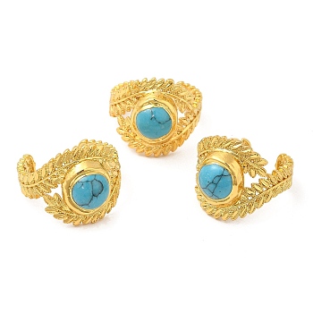 Synthetic Turquoise Open Cuff Ring, Golden Brass Leafy Branch Ring for Women, Long-Lasting Plated, Inner Diameter: 21mm