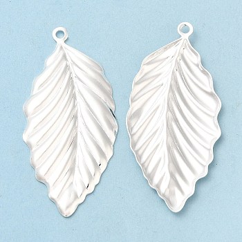 Brass Pendants, Cadmium Free & Lead Free, Leaf Charm, 925 Sterling Silver Plated, 45.5x21.5x2mm, Hole: 1.8mm