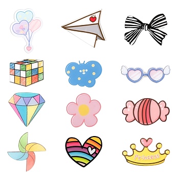 12Pcs 12 Style Acrylic Badges Brooch pins, Cute Lapel Pin, Heart Glasses & Crown & Bowknot & Candy & Magic Cube & Windmill & Flower & Balloon & Butterfly & Heart & Diamond & Paper Plane, Mixed Color, 19~47x35.5~55x7~8.5mm, Pin: 0.7~0.8mm, 1pc/style