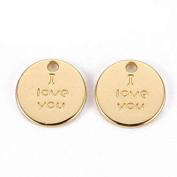 Rack Plating Alloy Charms, Cadmium Free & Lead Free, Flat Round with Word I Love You, Light Gold, 13x1.5mm, Hole: 1.6mm