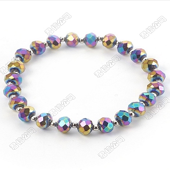 Electroplate Glass Beads Stretch Bracelets for Women Men. Rondelle, Full Plated, Faceted, Colorful, Perimeter: 7-5/8 inch(19.5cm)