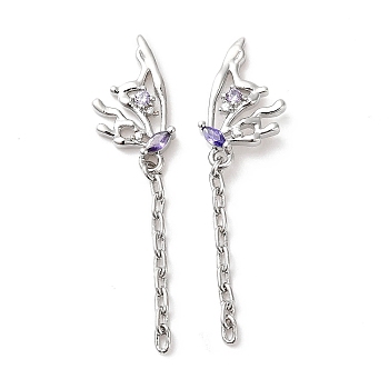 Purple Cubic Zirconia Butterfly Dangle Stud Earring, Brass Tassel Drop Earrings for Women, Cadmium Free & Nickel Free & Lead Free, Platinum, 42mm, Pin: 0.7mm