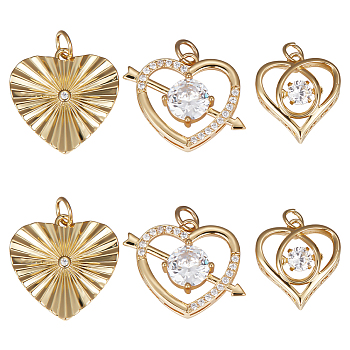 9Pcs 3 Style Brass Micro Pave Clear Cubic Zirconia Pendants, Long-Lasting Plated, Heart, Real 18K Gold Plated, 16~18.5x14~21x1~6mm, Hole: 3.5~4mm, 3pcs/style