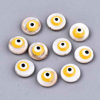 Natural Freshwater Shell Beads, with Enamel, Flat Round with Evil Eye, Gold, 9x4.5mm, Hole: 0.8mm