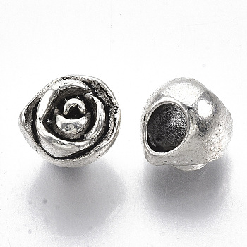 Tibetan Style Alloy European Beads, Large Hole Beads, Cadmium Free & Lead Free, Rose Flower, Antique Silver, 10x11x10.5mm, Hole: 5mm, about 330pcs/1000g