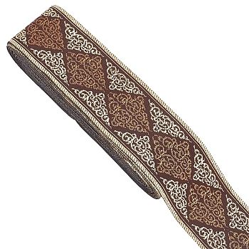 Ethnic Style Polyester Ribbon, Jacquard Ribbon, Tyrolean Ribbon, Flat, Sienna, Rhombus Pattern, 2 inch(50mm), about 10 yards/roll