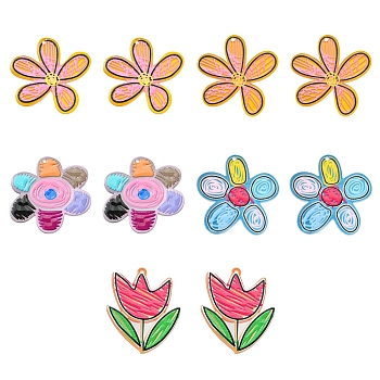 10Pcs 5 Styles Transparent Acrylic Pendants, 3D Printed, Flower, Mixed Color, 31~36x31~32.5x2.5~3.5mm, Hole: 1.5mm, 2pcs/style