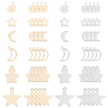 SUNNYCLUE 60Pcs 6 Styles 2 Colors 304 Stainless Steel Charms, Laser Cut, Moon & Star, Golden & Stainless Steel Color, 5pcs/style