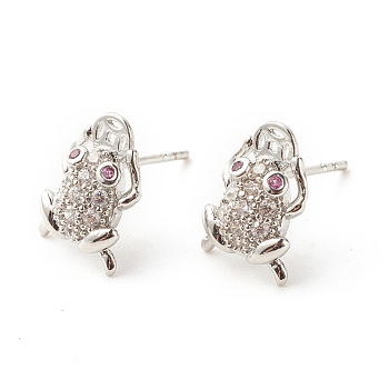Frogs and Copper Coins Cubic Zirconia Stud Earrings, Lucky Fortune Brass Earrings for Women, Cadmium Free & Lead Free, Platinum, 12x8mm, Pin: 0.8mm