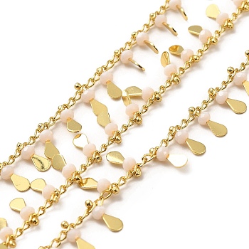 Glass Beaded Teardrop Charm Chains, with Real 18K Gold Plated Brass Curb Chains, Soldered, with Spool, Pink, 1.5mm